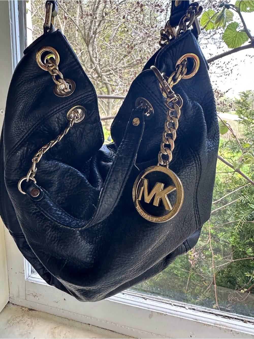 Michael Kors Black Leather Shoulder Hobo with Gold-Tone MK Charm